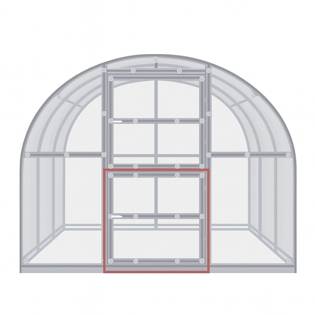 Bakdør nederst på drivhuset ARCHED KLASSISK (105 x 94 cm), markert med rød firkant.