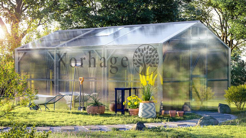 Makan Gewächshaus mit einem ultra starken Rahmen und Polycarbonatplatten in einem Garten.