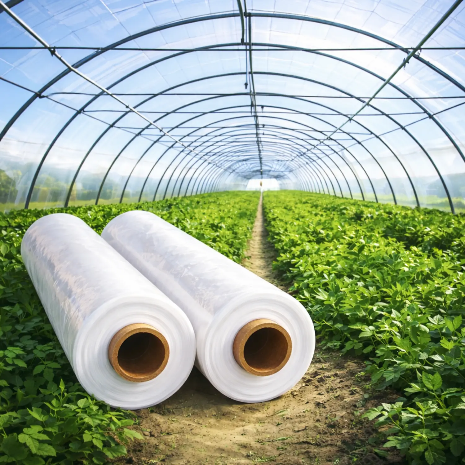 To ruller drivhusplast plassert inne i stort buet drivhus med grønne planter i bakgrunnen.