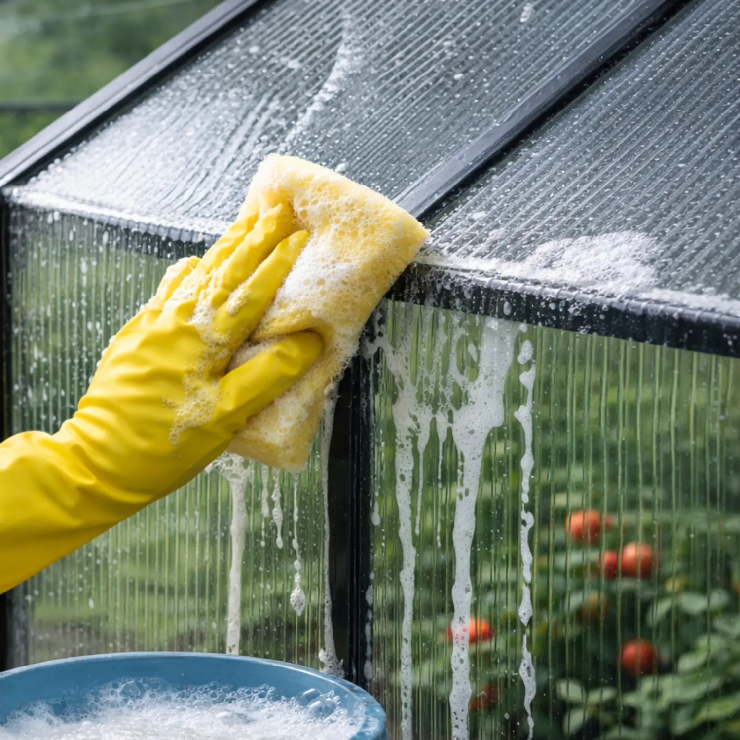 Gewächshauseindeckung aus Polycarbonat wird mit einem Schwamm und Seifenwasser gereinigt.